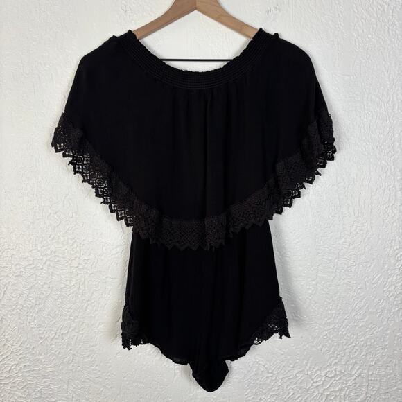 Show Me Your Mumu Rosarita Off Shoulder Lace Romper Black Boho Size Small - Picture 3 of 6